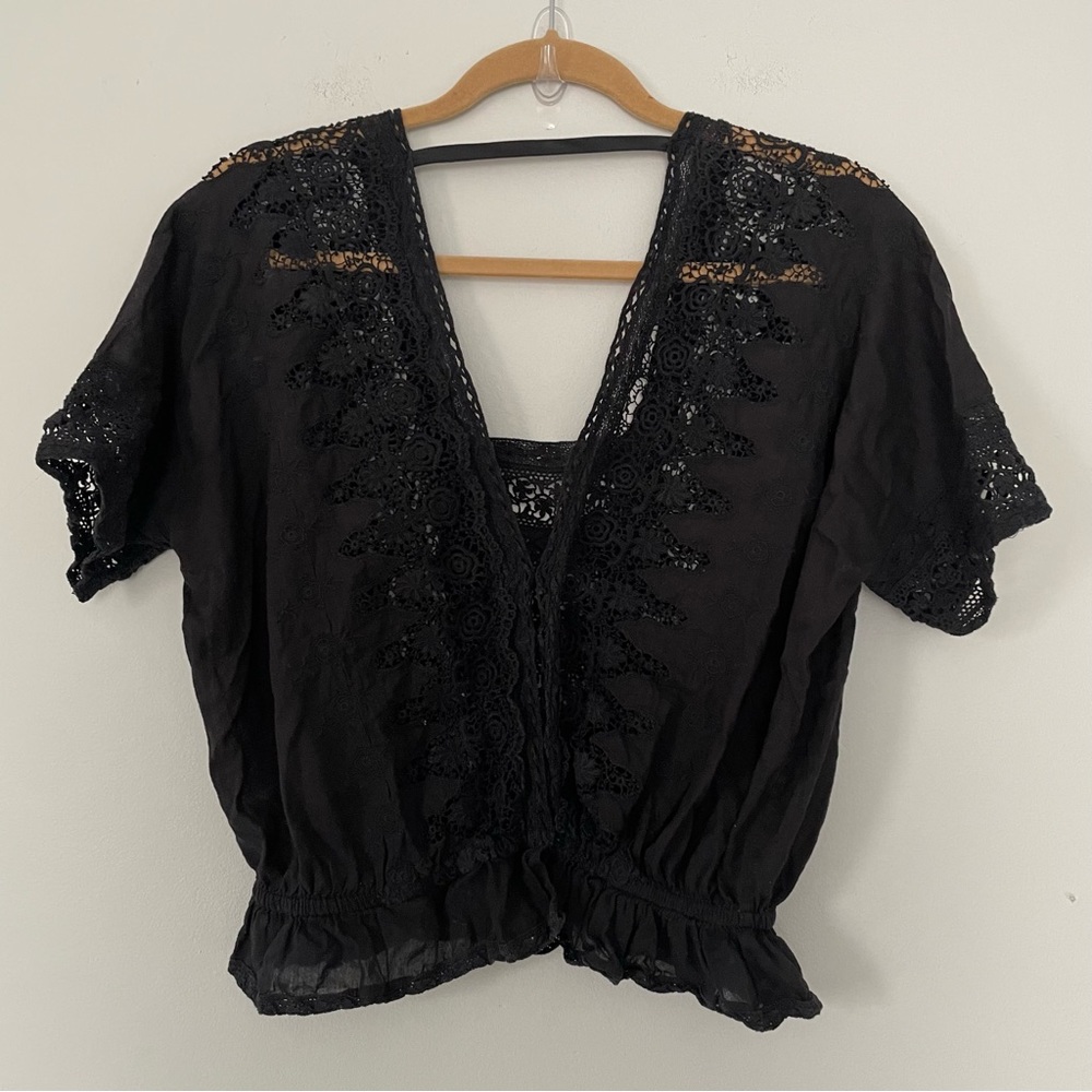 LoveShackFancy Black Crocheted Eyelet Top • Size Medium